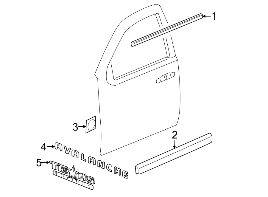 Diagram FRONT DOOR. EXTERIOR TRIM. for your 2002 GMC Sierra 3500 6.0L Vortec V8 M/T RWD Base Extended Cab Pickup Fleetside 