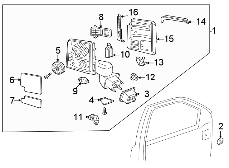 Diagram Front door. Outside mirrors. for your 2022 Chevrolet Silverado 1500 LT Crew Cab Pickup Fleetside 2.7L A/T 4WD 