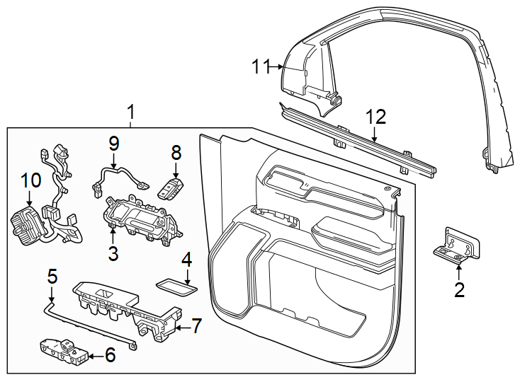 Diagram Front door. Interior trim. for your 2002 GMC Sierra 3500 6.0L Vortec V8 M/T RWD Base Extended Cab Pickup Fleetside 