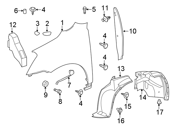 Diagram FENDER & COMPONENTS. for your 2015 GMC Sierra 2500 HD 6.6L Duramax V8 DIESEL A/T 4WD SLE Standard Cab Pickup Fleetside 