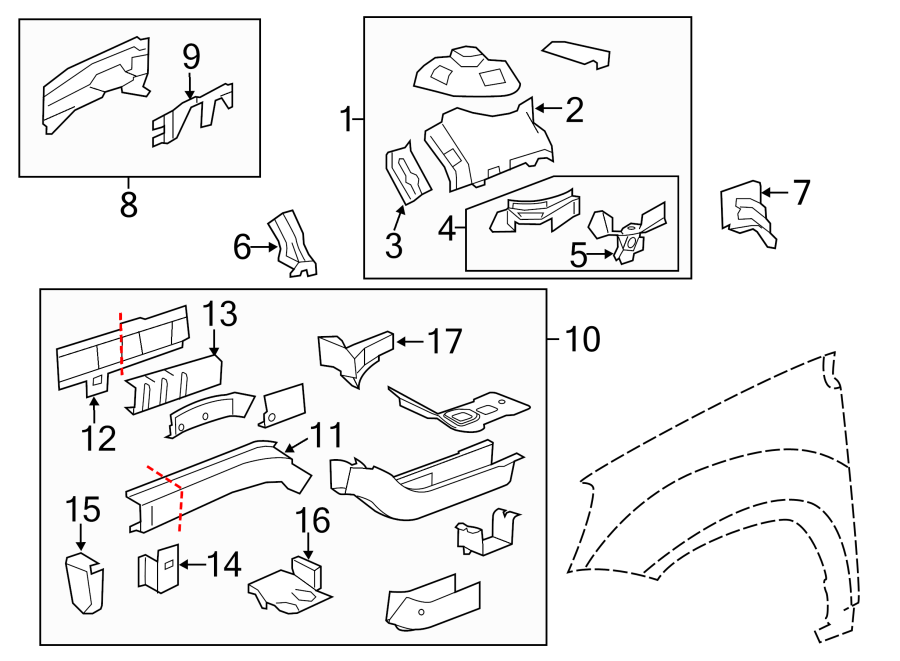 Diagram FENDER. STRUCTURAL COMPONENTS & RAILS. for your 2014 GMC Sierra 2500 HD 6.6L Duramax V8 DIESEL A/T 4WD SLE Standard Cab Pickup Fleetside 