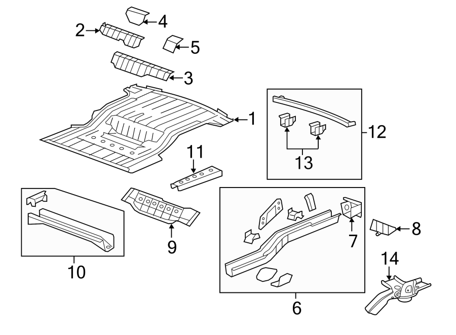 Diagram REAR BODY & FLOOR. FLOOR & RAILS. for your 2014 Chevrolet Malibu   