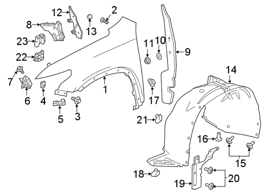 Diagram FENDER & COMPONENTS. for your 2021 GMC Sierra 2500 HD 6.6L Duramax V8 DIESEL A/T RWD Base Extended Cab Pickup Fleetside 