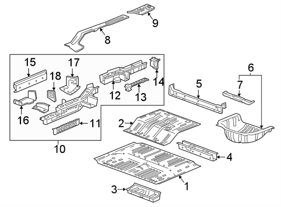 Diagram REAR BODY & FLOOR. FLOOR & RAILS. for your 2012 GMC Sierra 2500 HD 6.6L Duramax V8 DIESEL A/T RWD Denali Crew Cab Pickup Fleetside 