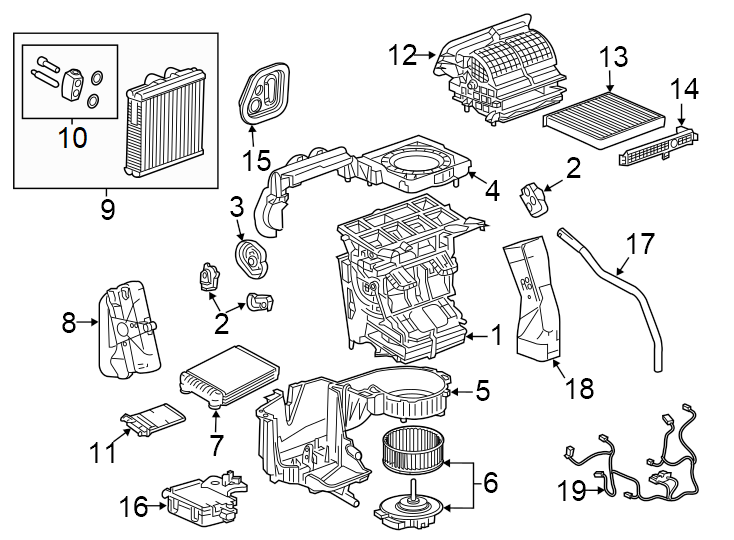 Diagram Air conditioner & heater. Evaporator & heater components. for your 2014 Buick Enclave  Convenience Sport Utility  