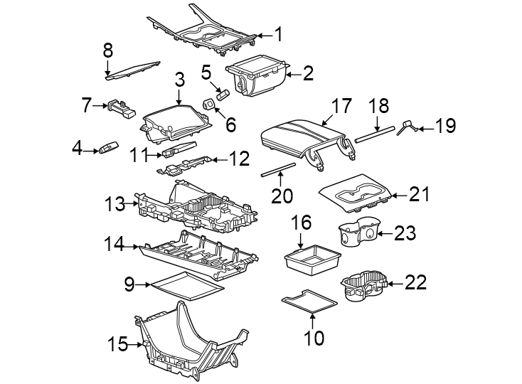 6Front. Labeled: 13532905. Labeled: 13549534. Lower. LS. Lt. Rear. Rs. Upper components. W/O wireless charge. W/WIRELESS charge. Z71.https://images.simplepart.com/images/parts/motor/fullsize/GM24405.png