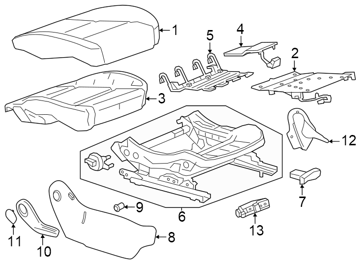 13Evotex. Gideon. LS. Lt. Seat cushion components. W/CLOTH seats. W/O cloth seats. W/O power. Z71.https://images.simplepart.com/images/parts/motor/fullsize/GM24450.png