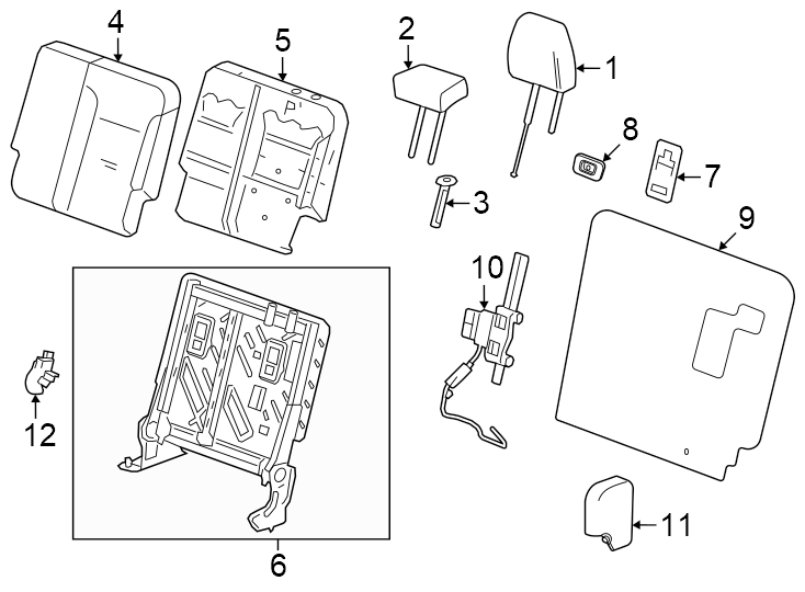 1260% side. Anchor plate. Center headrest. Cloth. Evotex. Gideon. Inner. LS. Outer headrest. Seat back. Seat belt. W/O power fold. Z71.https://images.simplepart.com/images/parts/motor/fullsize/GM24535.png