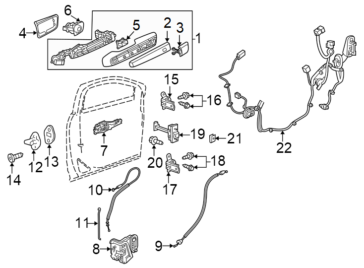 8Inside handle. Outside handle. To body. To door. W/AMBIENT lighting. W/CHROME. W/O ambient lighting. W/O chrome.https://images.simplepart.com/images/parts/motor/fullsize/GM24655.png