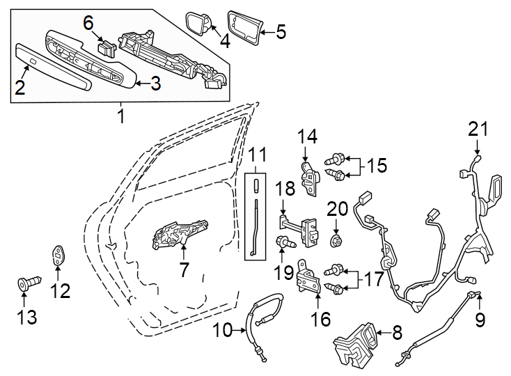 13Inside handle. Outside handle. To body. To door. W/BOSE audio. W/CHROME. W/O Bose audio. W/O chrome.https://images.simplepart.com/images/parts/motor/fullsize/GM24680.png