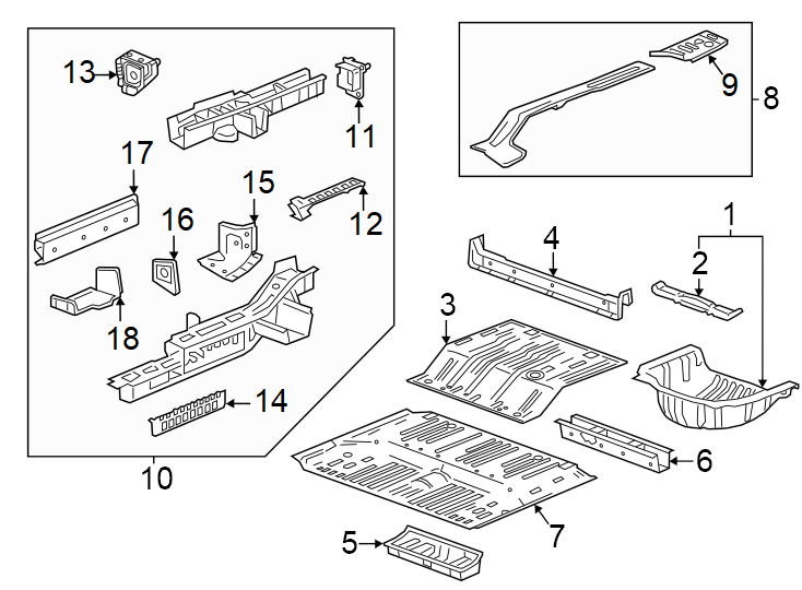 Diagram Rear body & floor. Floor & rails. for your 2012 GMC Sierra 2500 HD 6.6L Duramax V8 DIESEL A/T RWD Denali Crew Cab Pickup Fleetside 