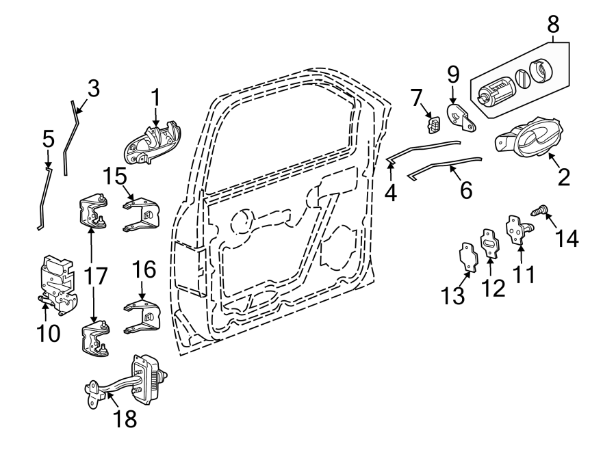 Diagram Front door. Lock & hardware. for your 2021 GMC Sierra 2500 HD 6.6L V8 A/T 4WD SLT Extended Cab Pickup Fleetside 