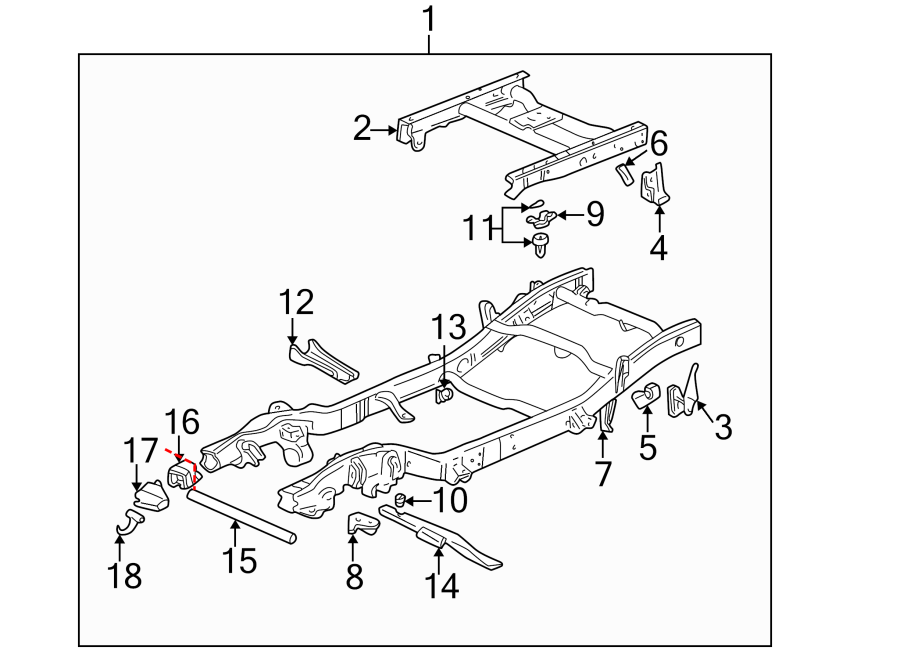 Diagram FRAME & COMPONENTS. for your 2019 GMC Sierra 2500 HD 6.6L Duramax V8 DIESEL A/T 4WD Denali Crew Cab Pickup Fleetside 