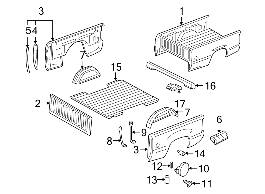 Diagram PICK UP BOX. BOX ASSEMBLY. FLOOR. FRONT & SIDE PANELS. for your 2005 Chevrolet Uplander    