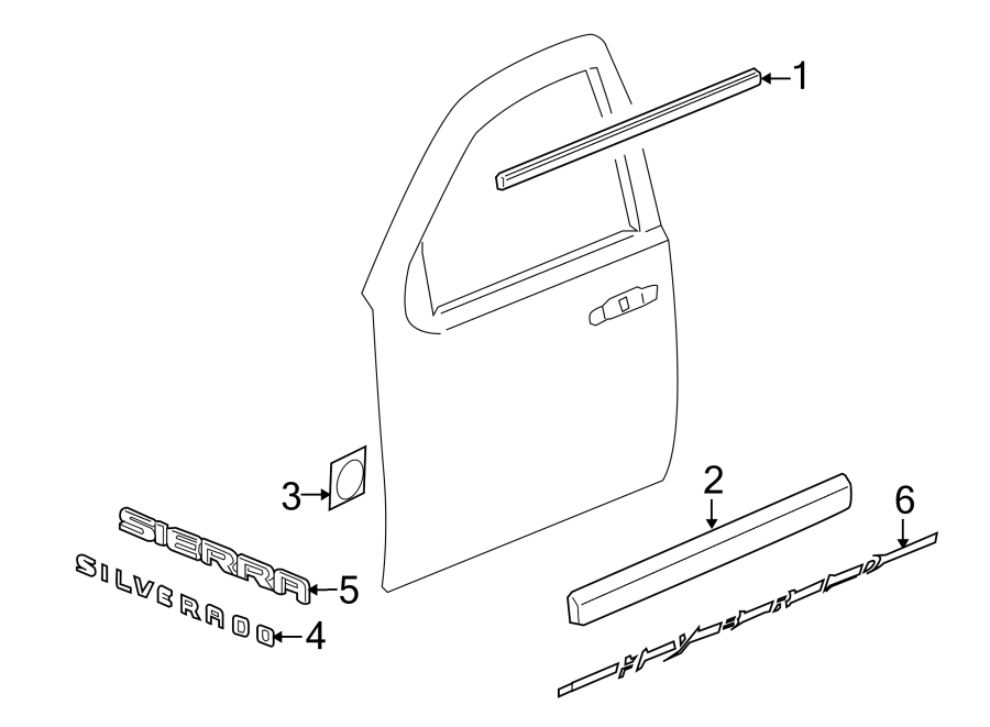 Diagram FRONT DOOR. EXTERIOR TRIM. for your 2002 GMC Sierra 3500 6.0L Vortec V8 M/T RWD Base Extended Cab Pickup Fleetside 