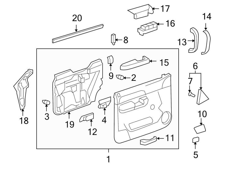 Diagram Front door. Interior trim. for your 2002 GMC Sierra 3500 6.0L Vortec V8 M/T RWD Base Extended Cab Pickup Fleetside 