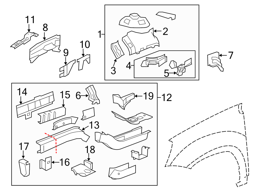 Diagram FENDER. STRUCTURAL COMPONENTS & RAILS. for your 2015 GMC Sierra 2500 HD 6.6L Duramax V8 DIESEL A/T 4WD SLE Standard Cab Pickup Fleetside 