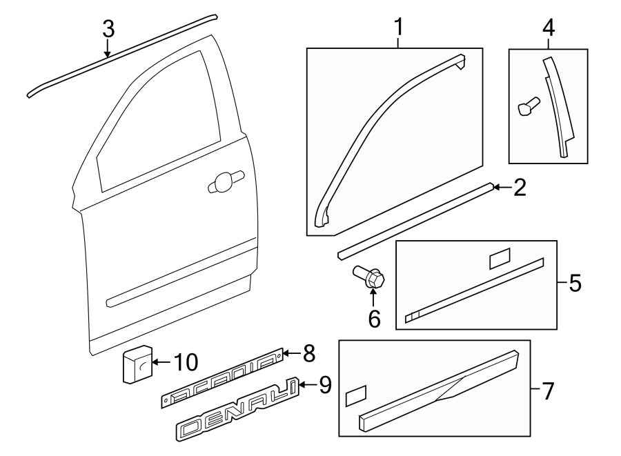 Diagram FRONT DOOR. EXTERIOR TRIM. for your 2002 GMC Sierra 3500 6.0L Vortec V8 M/T RWD Base Extended Cab Pickup Fleetside 