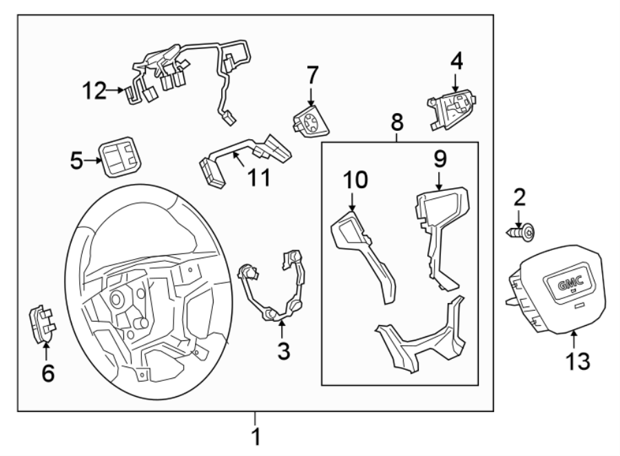 Diagram STEERING WHEEL & TRIM. for your 2021 GMC Sierra 2500 HD 6.6L V8 A/T RWD Base Extended Cab Pickup 