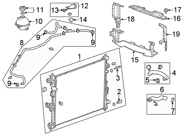 Diagram RADIATOR & COMPONENTS. for your 2008 GMC Acadia   