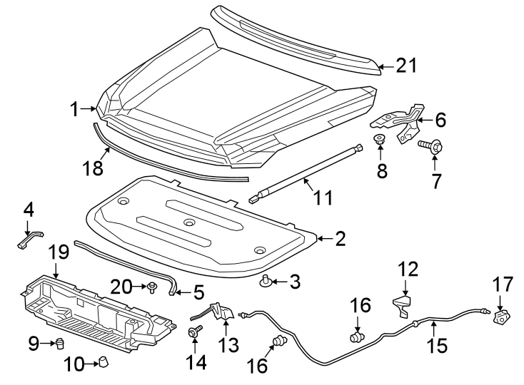 Diagram Hood & components. for your 2019 GMC Sierra 2500 HD 6.6L Duramax V8 DIESEL A/T RWD Denali Crew Cab Pickup Fleetside 