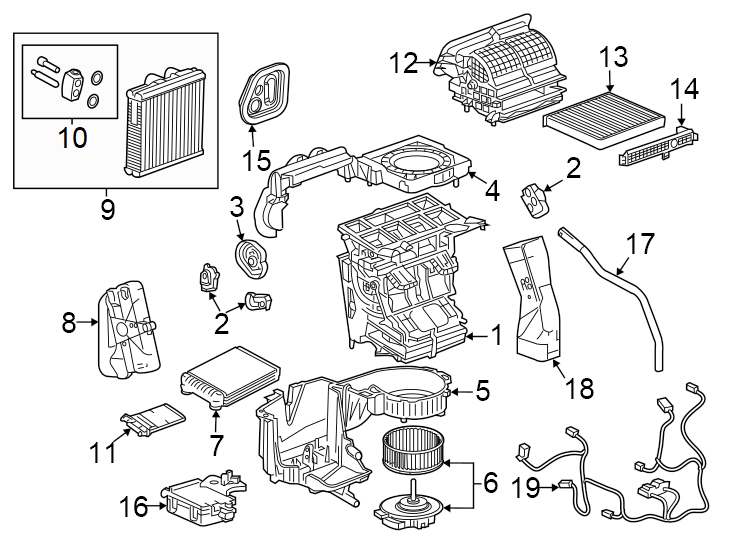 Diagram Air conditioner & heater. Evaporator & heater components. for your 2014 Buick Enclave    