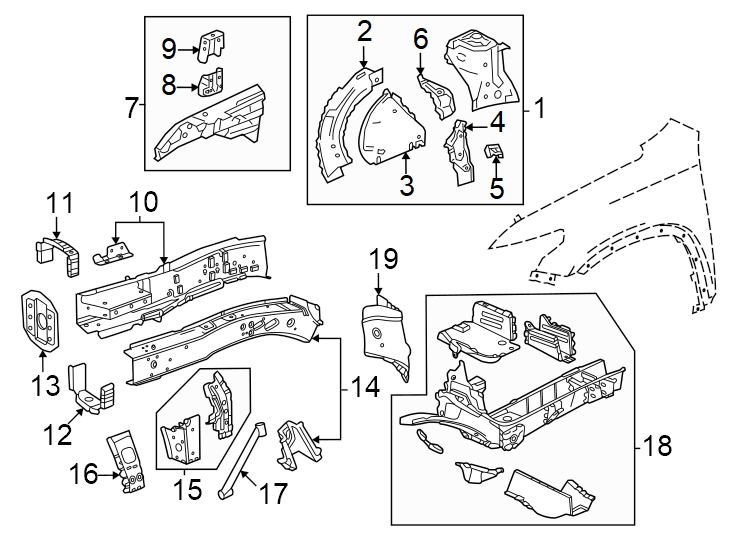 Diagram Fender. Structural components & rails. for your 2013 GMC Sierra 2500 HD 6.0L Vortec V8 FLEX A/T RWD WT Crew Cab Pickup Fleetside 