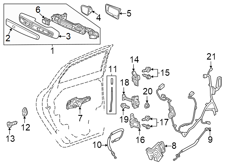 13Inside handle. Outside handle. To body. To door. W/CHROME. W/DENALI. W/O chrome. W/O Denali.https://images.simplepart.com/images/parts/motor/fullsize/GT24630.png