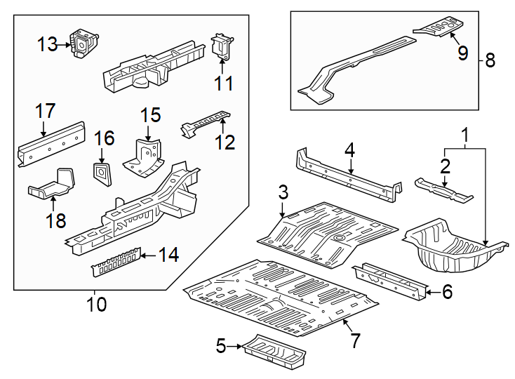 Diagram Rear body & floor. Floor & rails. for your 2012 GMC Sierra 2500 HD 6.6L Duramax V8 DIESEL A/T RWD Denali Crew Cab Pickup Fleetside 