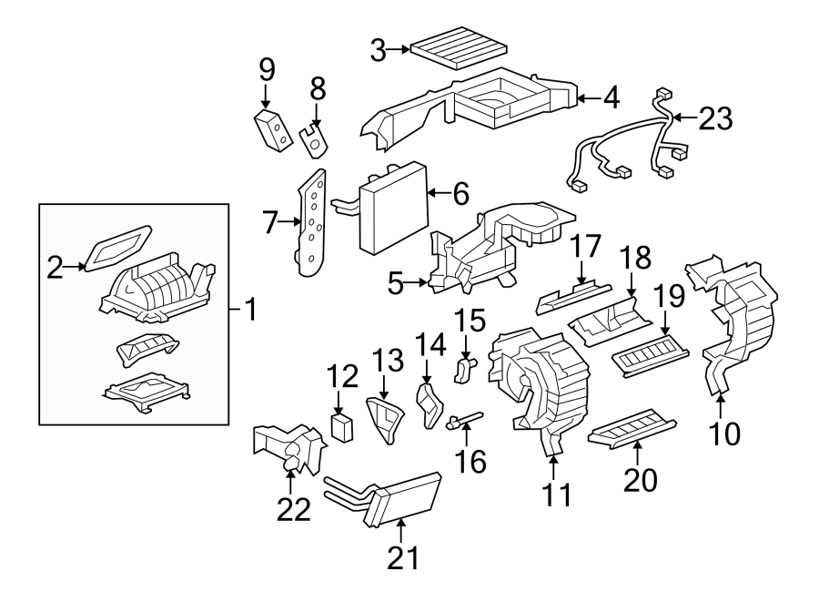 Diagram AIR CONDITIONER & HEATER. EVAPORATOR & HEATER COMPONENTS. for your 2023 Buick Enclave    