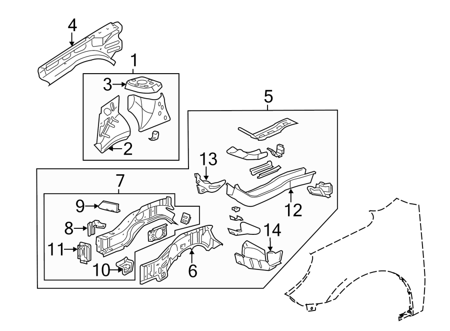 Diagram FENDER. STRUCTURAL COMPONENTS & RAILS. for your 2012 GMC Sierra 2500 HD 6.6L Duramax V8 DIESEL A/T RWD Denali Crew Cab Pickup Fleetside 