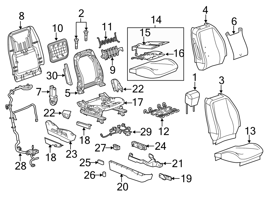 Diagram SEATS & TRACKS. PASSENGER SEAT COMPONENTS. for your 2021 GMC Sierra 2500 HD 6.6L Duramax V8 DIESEL A/T 4WD Base Extended Cab Pickup Fleetside 