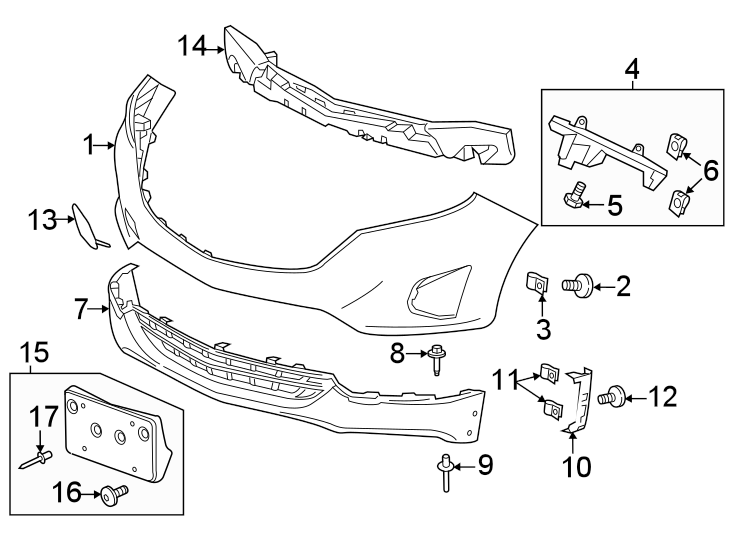 Diagram Front bumper & grille. Bumper & components. for your 2018 Chevrolet Equinox LT Sport Utility  