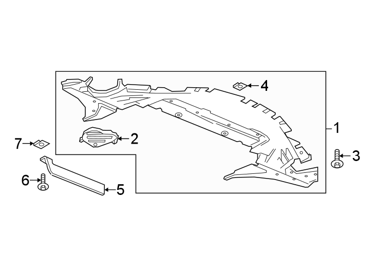 Front bumper & grille. Splash shields. Diagram