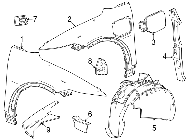 Diagram Fender & components. for your 2021 GMC Sierra 2500 HD  SLE Extended Cab Pickup Fleetside 