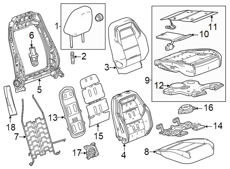 Diagram Seats & tracks. Passenger seat components. for your 2007 GMC Sierra 2500 HD 6.0L Vortec V8 A/T 4WD SLT Extended Cab Pickup 