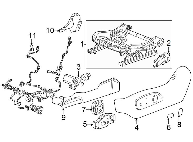 Diagram Seats & tracks. Driver seat components. for your 2007 GMC Sierra 2500 HD 6.0L Vortec V8 A/T 4WD SLT Extended Cab Pickup 