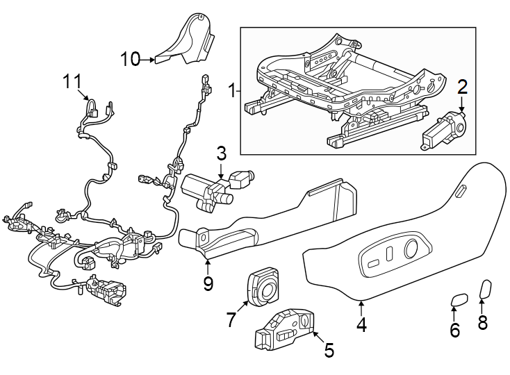 Diagram Seats & tracks. Driver seat components. for your 2007 GMC Sierra 2500 HD 6.0L Vortec V8 A/T 4WD SLT Extended Cab Pickup 