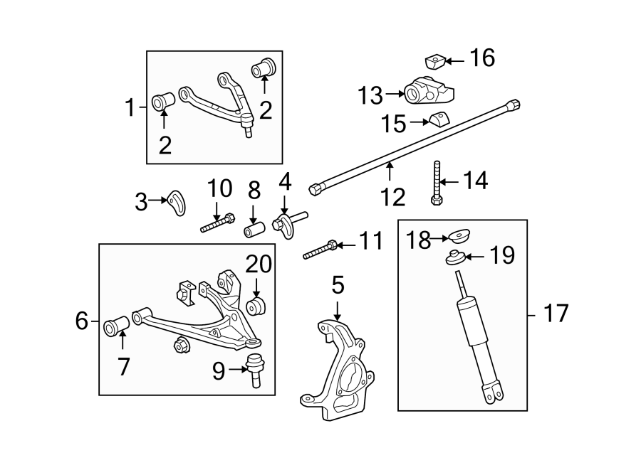 Diagram FRONT SUSPENSION. SUSPENSION COMPONENTS. for your 2019 GMC Sierra 2500 HD 6.0L Vortec V8 FLEX A/T 4WD SLT Extended Cab Pickup Fleetside 