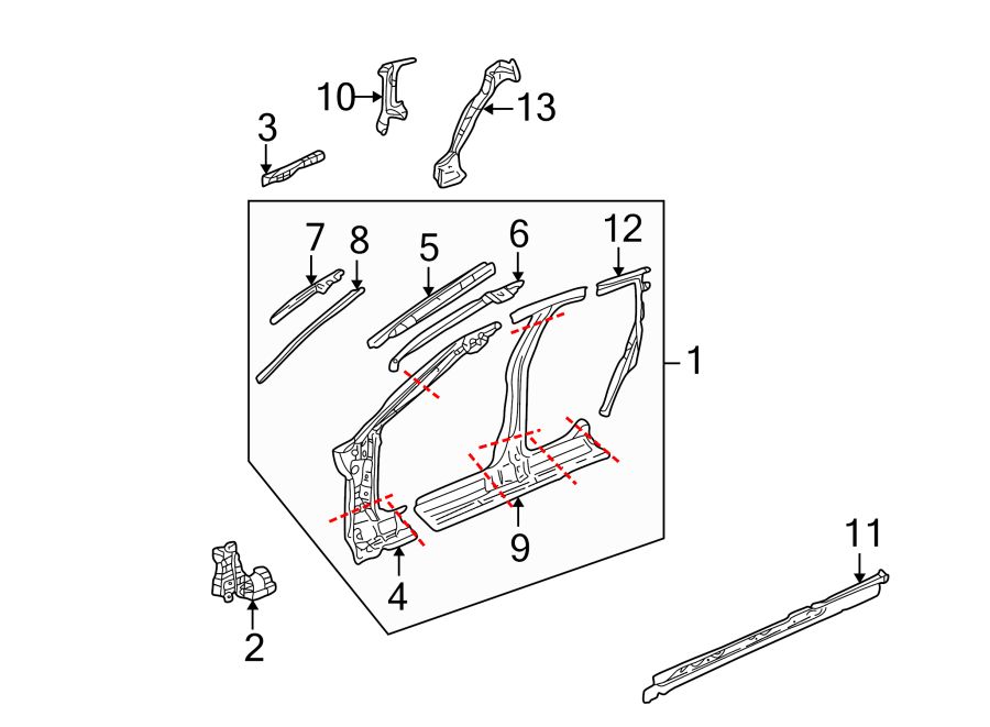 11Pillars. Rocker & floor. Center pillar & rocker. Hinge pillar. Uniside.https://images.simplepart.com/images/parts/motor/fullsize/IC00530.png