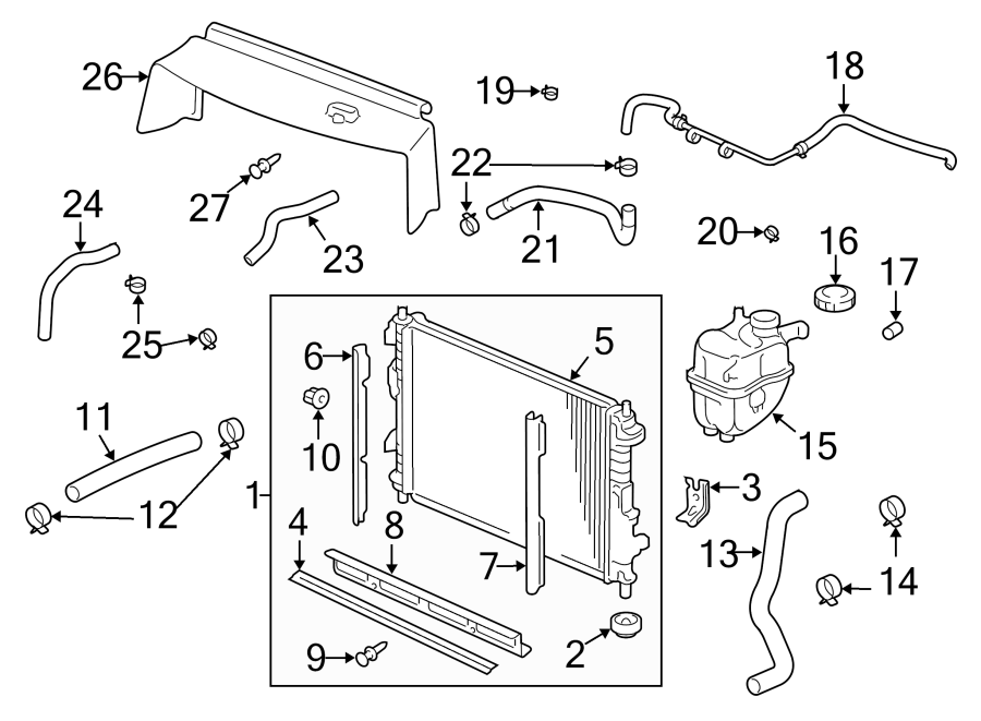 Diagram RADIATOR & COMPONENTS. for your 2009 GMC Sierra 2500 HD 6.6L Duramax V8 DIESEL A/T RWD SLE Crew Cab Pickup Fleetside 