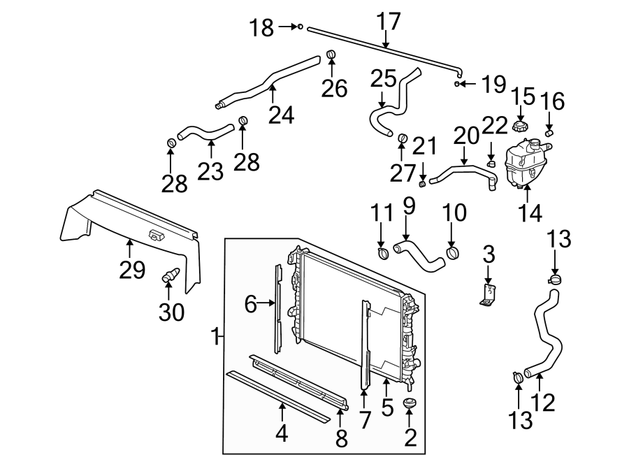 Diagram RADIATOR & COMPONENTS. for your 2009 GMC Sierra 2500 HD 6.6L Duramax V8 DIESEL A/T RWD SLE Crew Cab Pickup Fleetside 