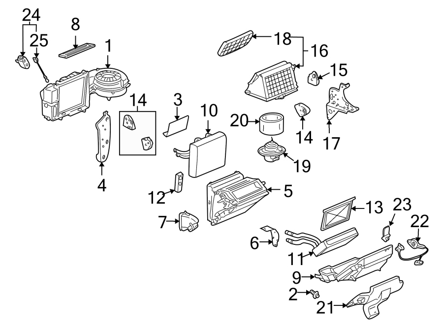 Diagram AIR CONDITIONER & HEATER. EVAPORATOR & HEATER COMPONENTS. for your 2005 Chevrolet Avalanche 1500 Base Crew Cab Pickup Fleetside  