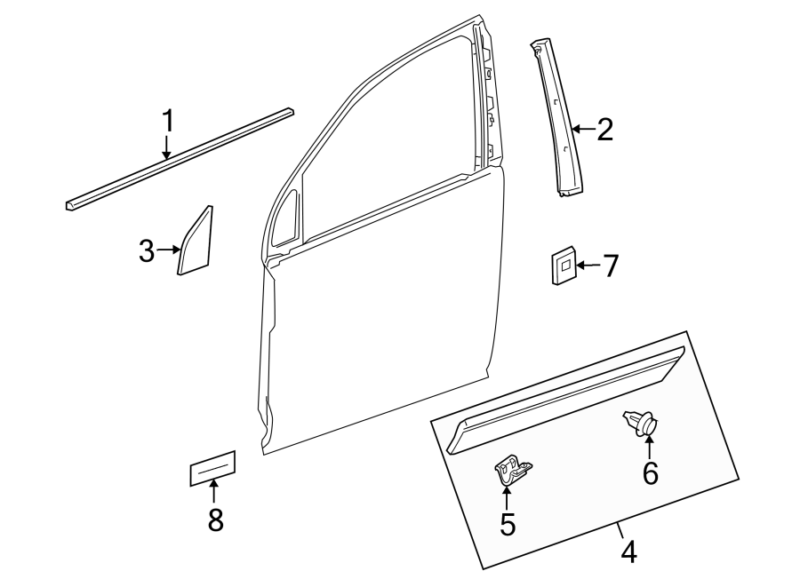 Diagram FRONT DOOR. EXTERIOR TRIM. for your 2002 GMC Sierra 3500 6.0L Vortec V8 M/T RWD Base Extended Cab Pickup Fleetside 