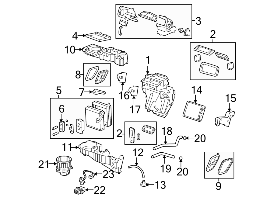 Diagram AIR CONDITIONER & HEATER. EVAPORATOR & HEATER COMPONENTS. for your 2005 Chevrolet Venture    