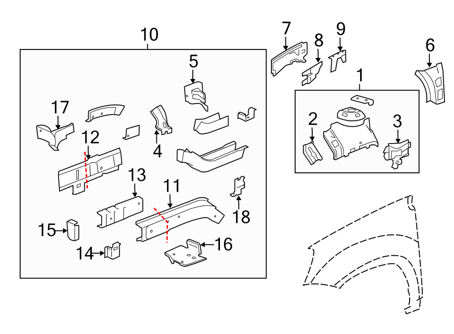 Diagram FENDER. STRUCTURAL COMPONENTS & RAILS. for your 2001 Pontiac Firebird    