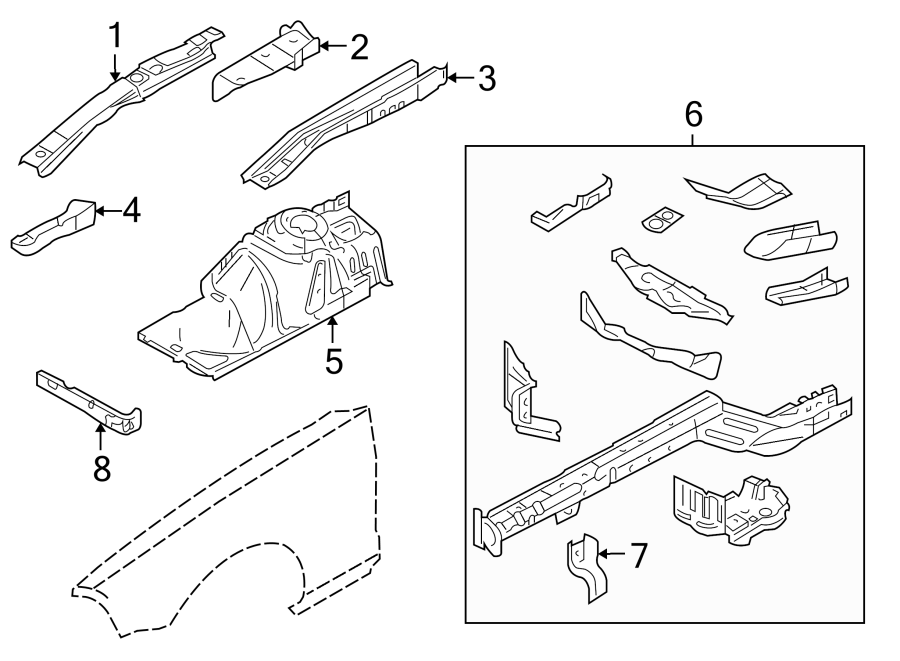 Diagram FENDER. STRUCTURAL COMPONENTS & RAILS. for your Ford Mustang  