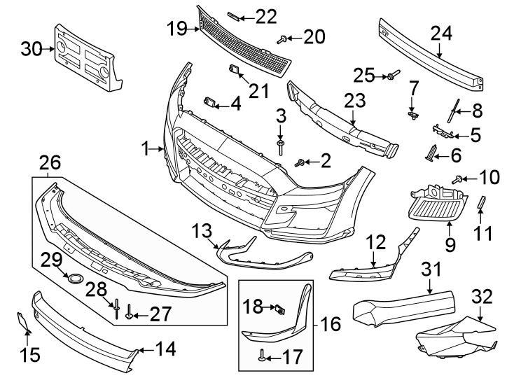 Front bumper & grille. Bumper & components. Diagram