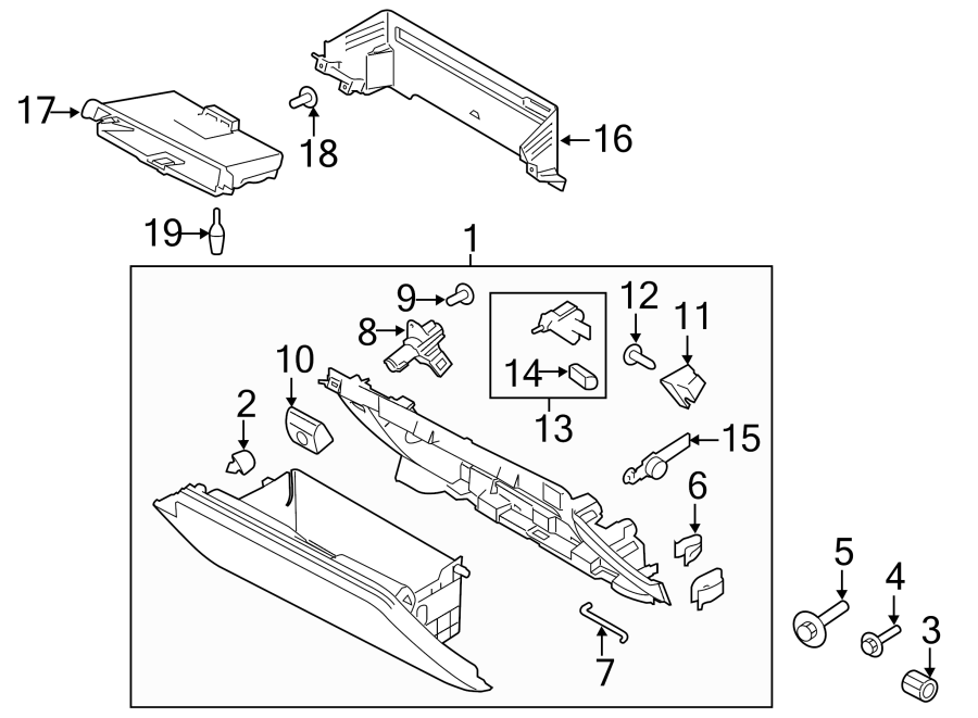 Diagram INSTRUMENT PANEL. GLOVE BOX. for your Ford Mustang  