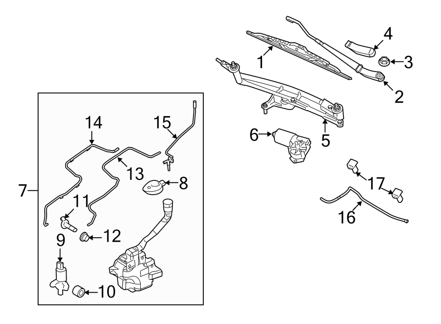 Diagram WINDSHIELD. WIPER & WASHER COMPONENTS. for your 2014 Lincoln MKZ Hybrid Sedan  